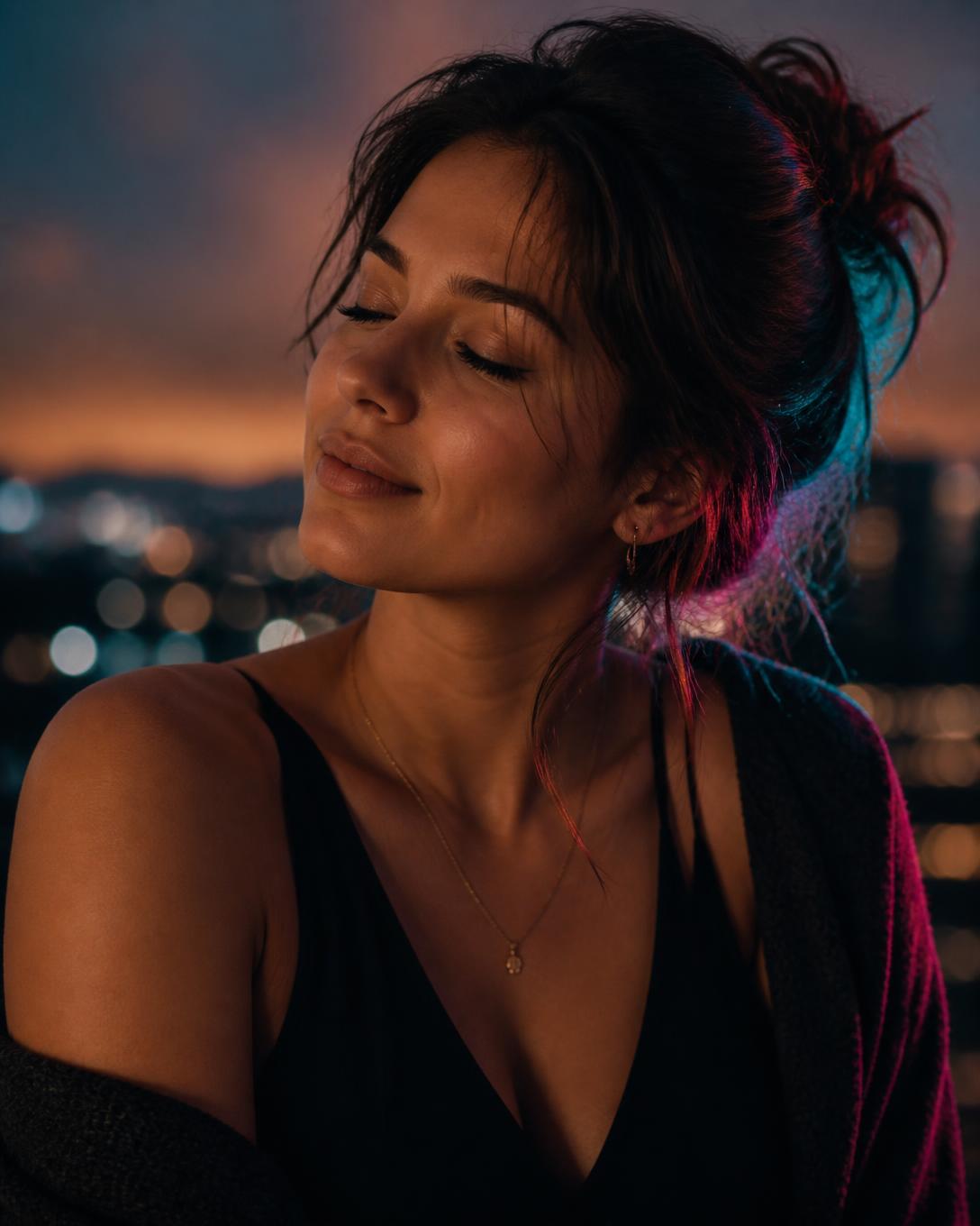 Mujer tranquila con luz cálida de atardecer representando calma mental